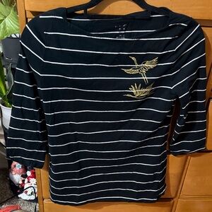 a new day Black and White Striped Tee with Gold Bird Design